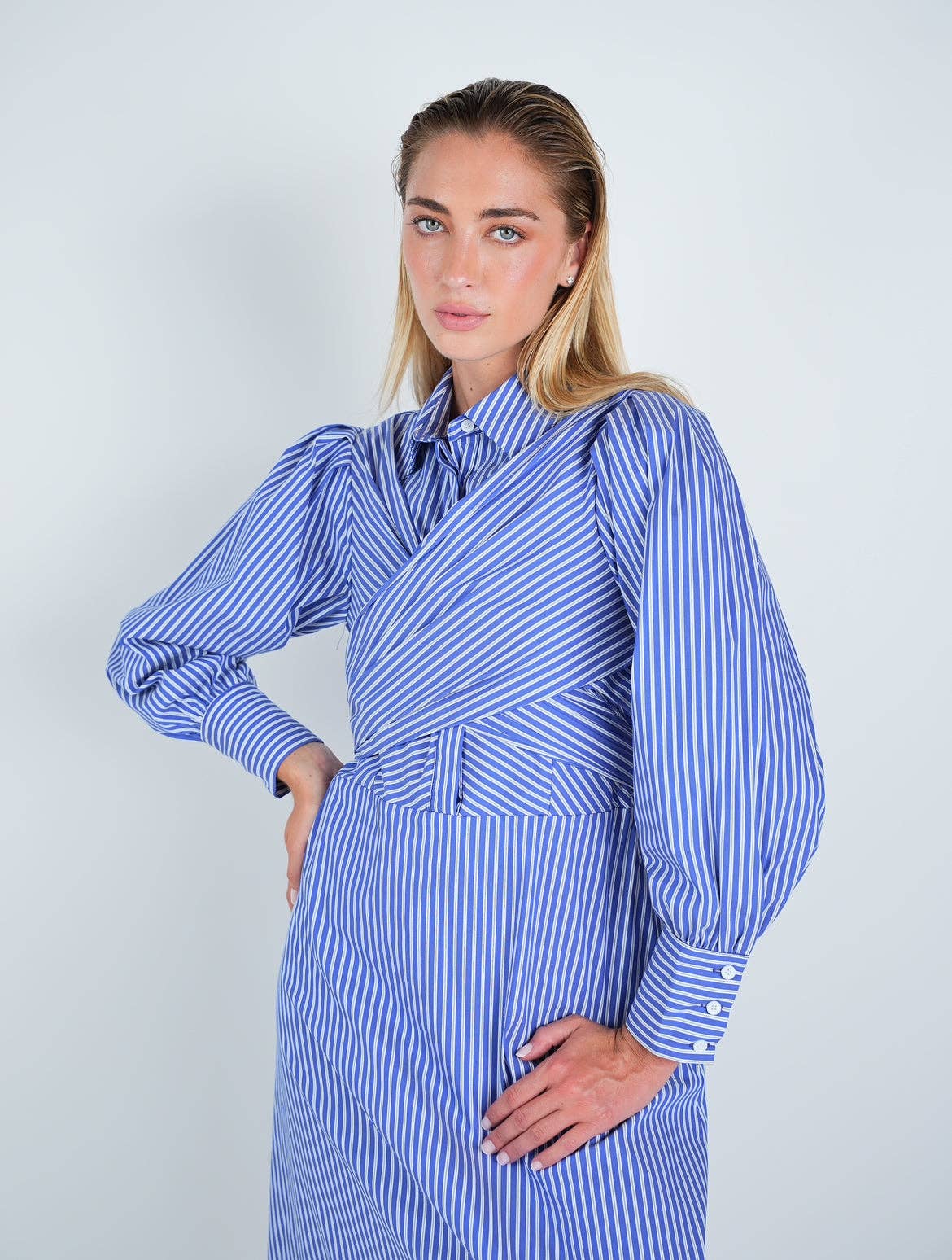 Cotton Striped Criss-Cross Midi Shirt Dress