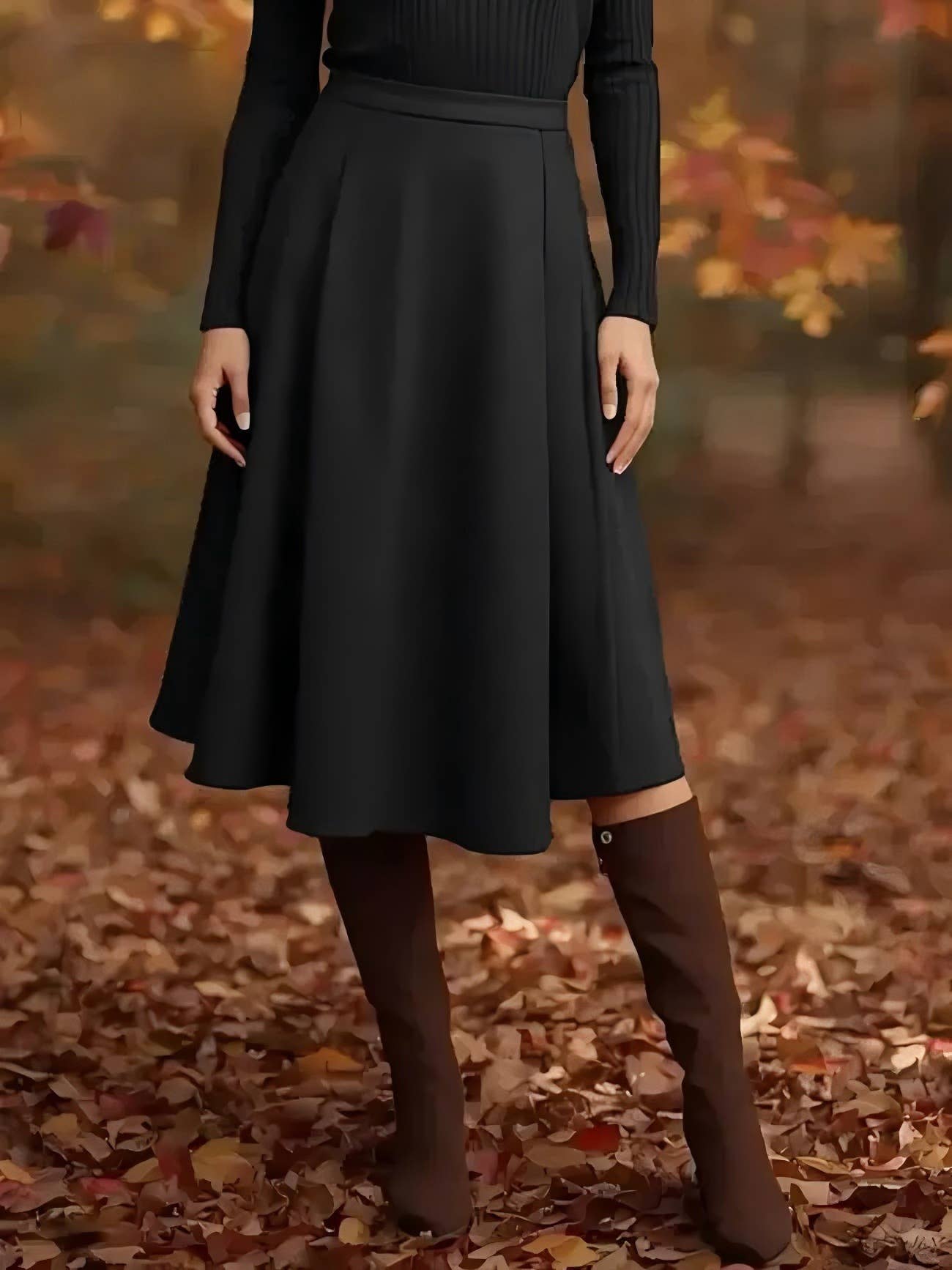 Casual simple high-waisted pleated long skirt