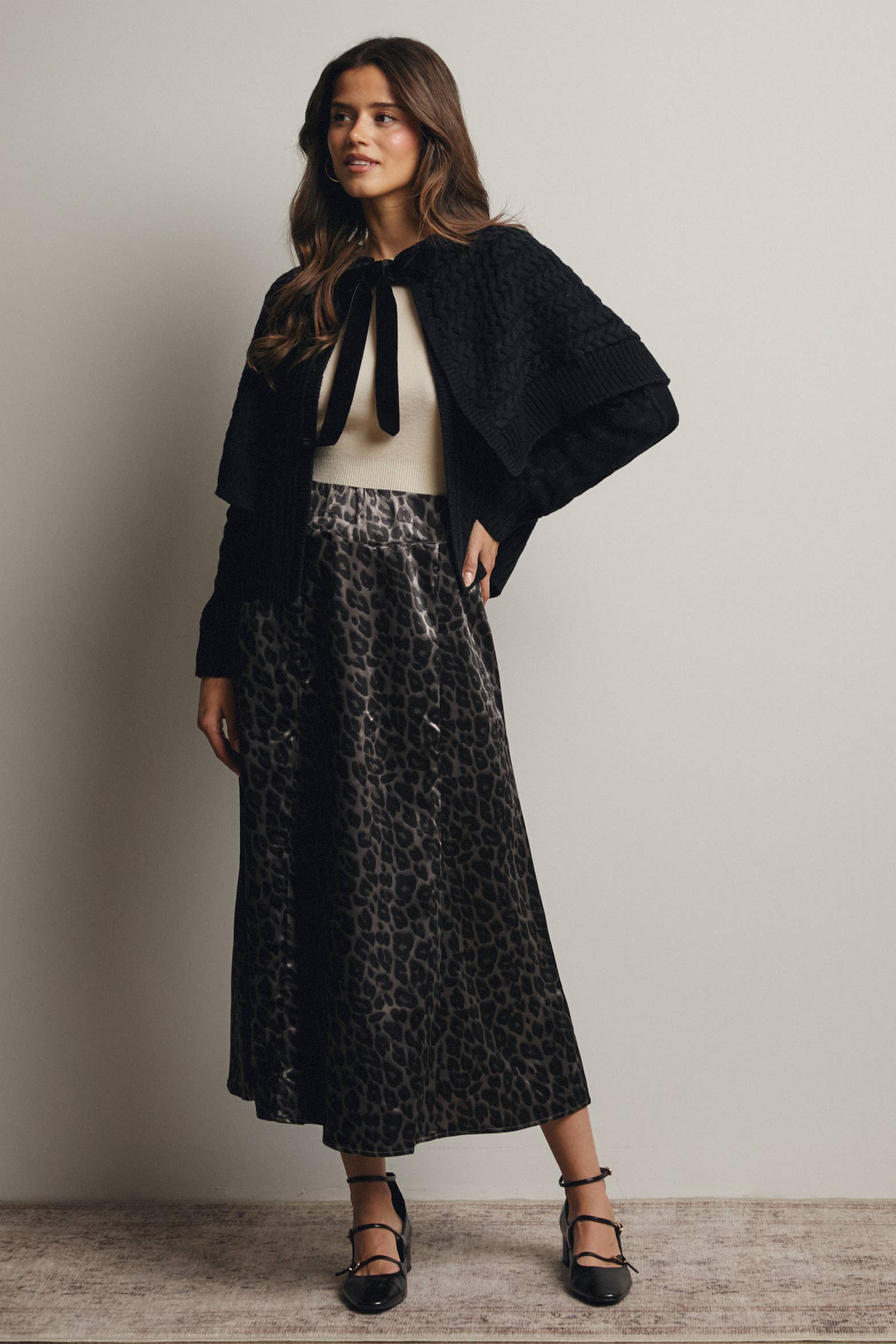 Leopard Print Satin Midi Skirt
