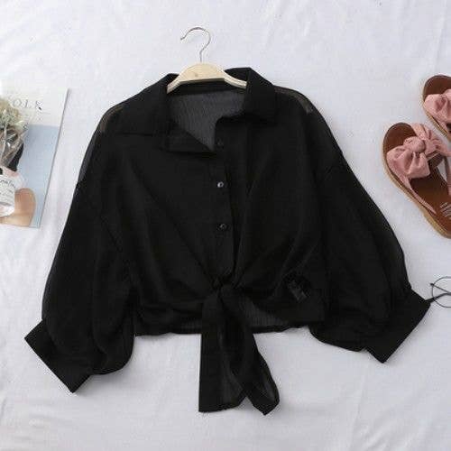 Bat Wing Cropped Casual Chiffon Women Solid Color Shirt