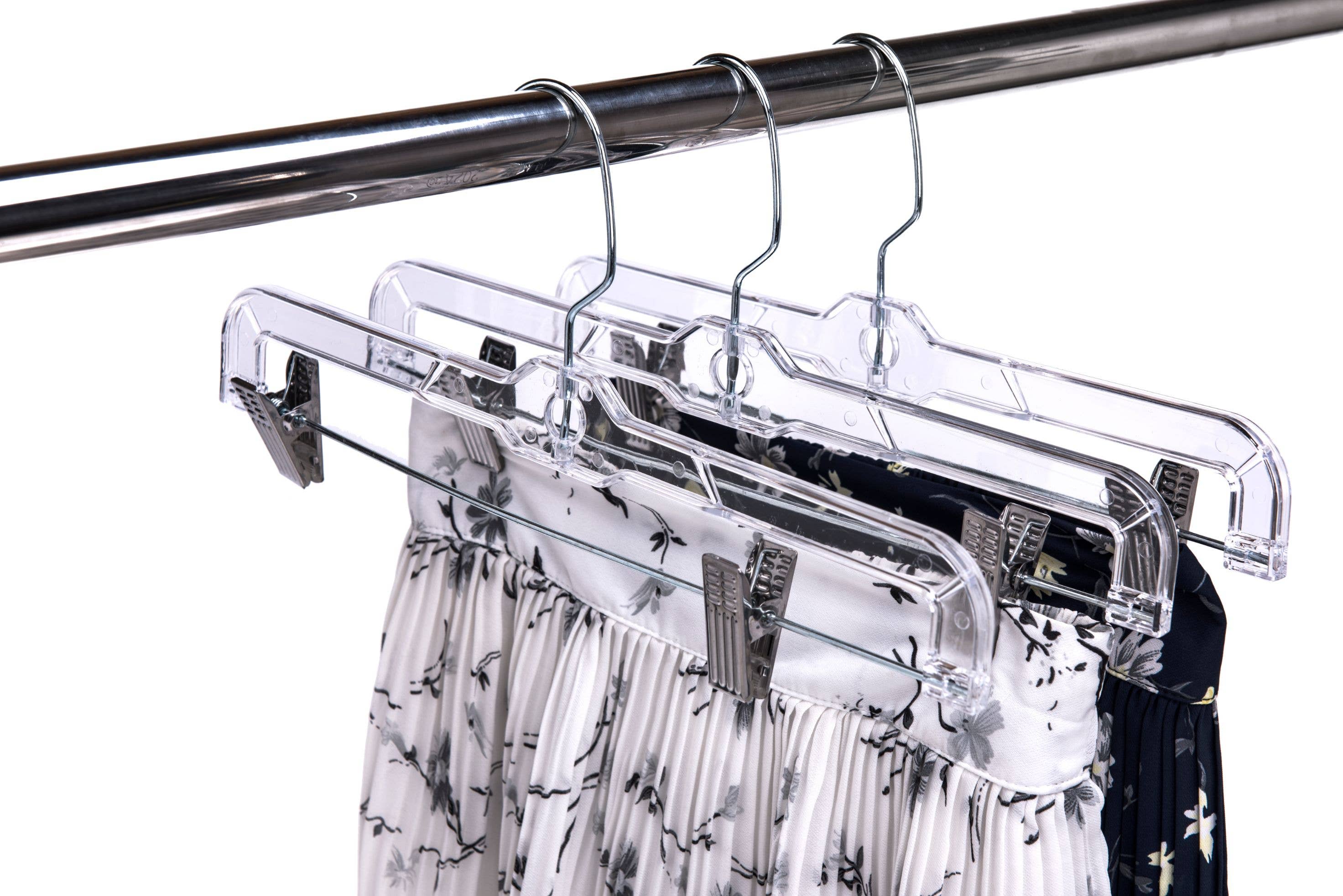 P022 Clear Crystal Plastic Skirt Hanger with Clips 100 pc