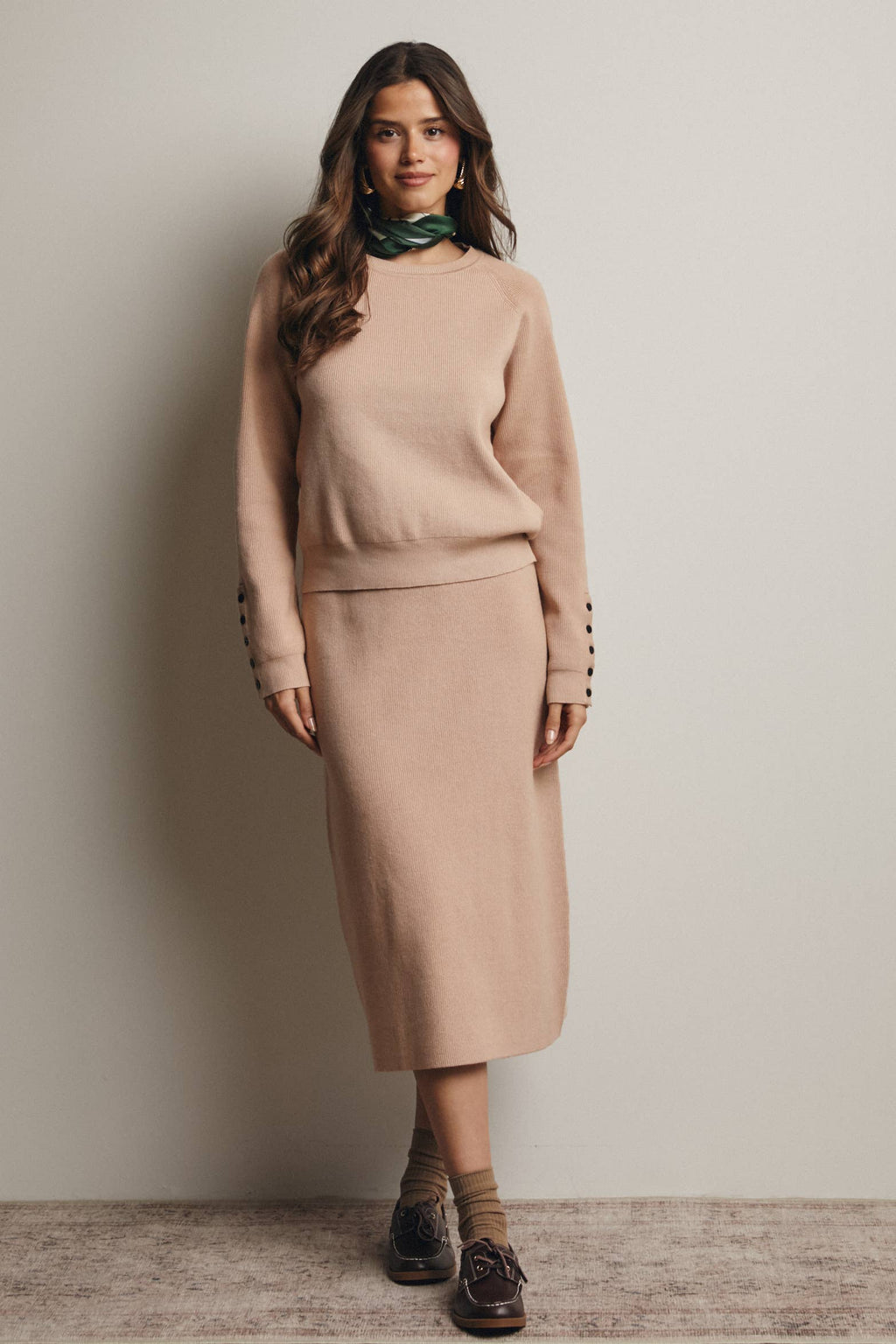 Ribbed Cuff Sweater & Midi Skirt Knit Set FWSET001