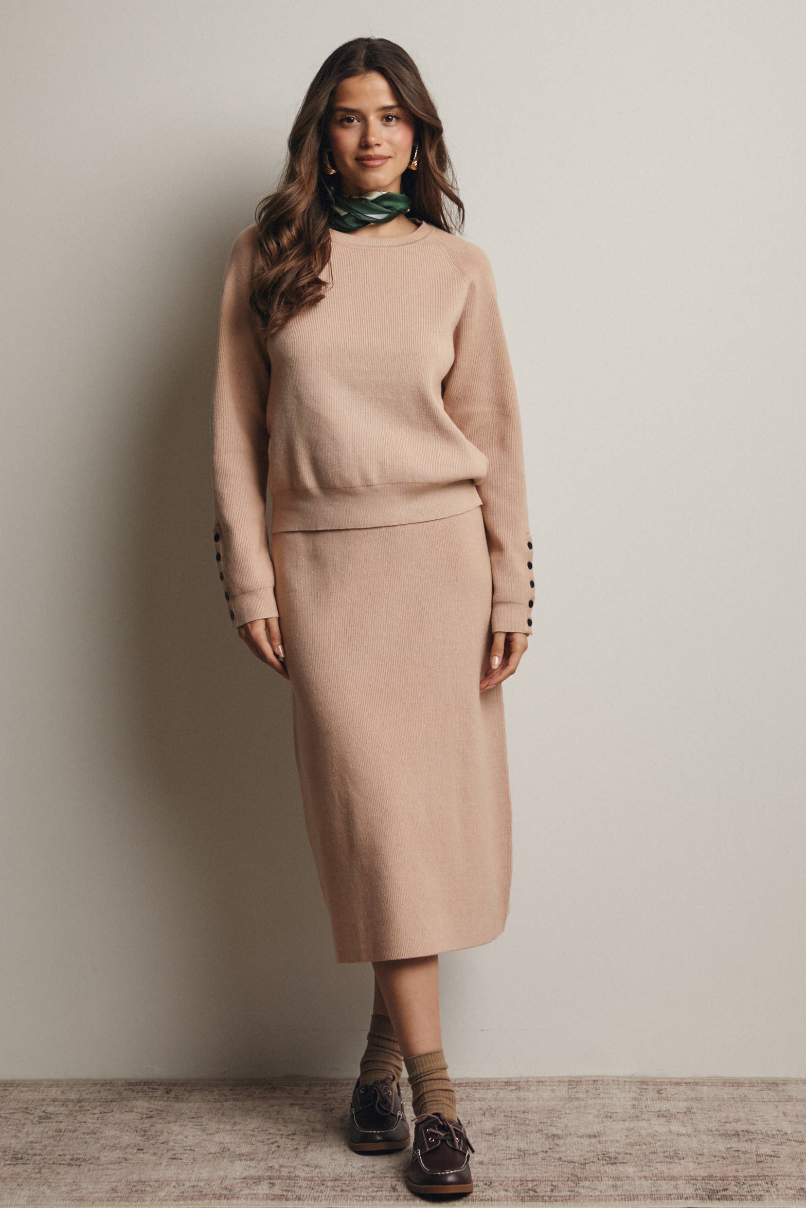 Ribbed Cuff Sweater & Midi Skirt Knit Set FWSET001