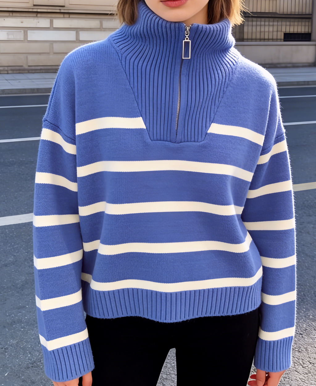 Half zip knit sweatshirt striped sweater