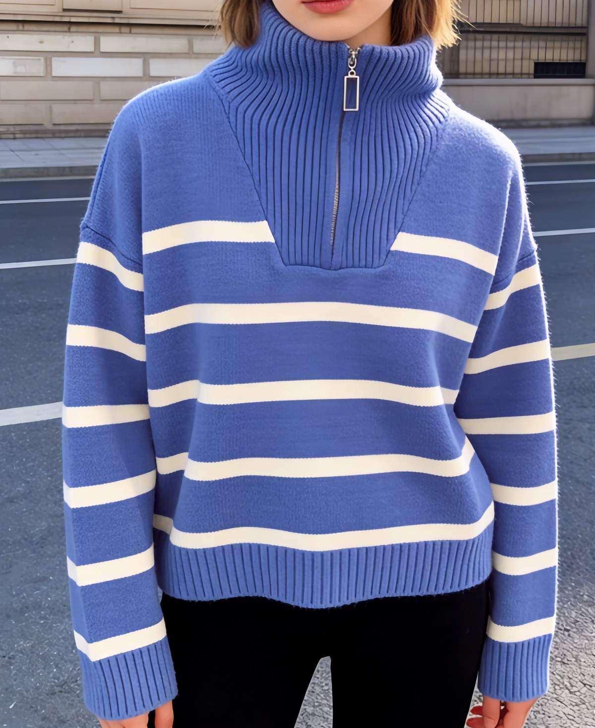 Half zip knit sweatshirt striped sweater