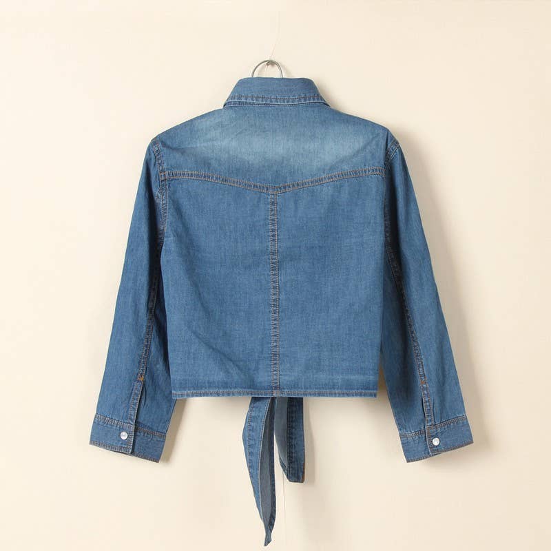 Women's 3/4 Sleeve Denim Navel Tie Shirt Cardigan Top