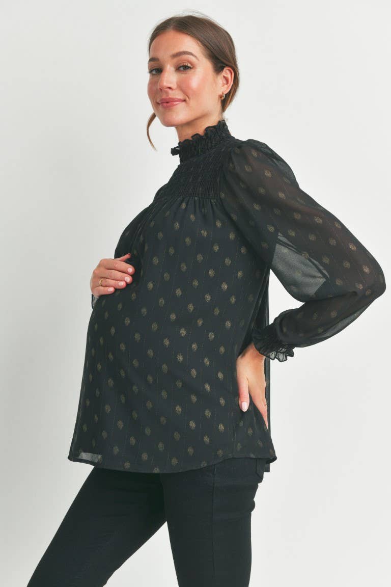 Smocked Mock Neck Polka Dot Maternity Top