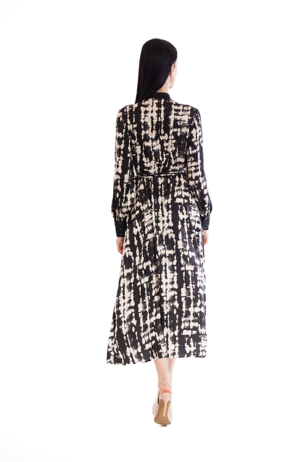LONG SLEEVE MIX MEDIA SHIRTDRESS W/ MOCK COLLAR
