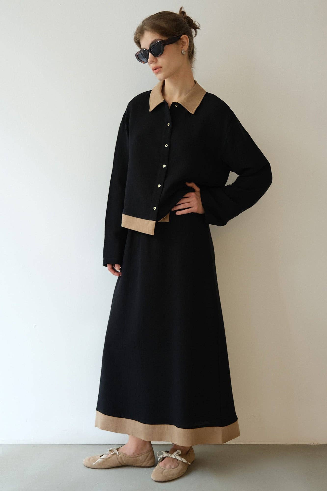 Contrast Trim Button-Down Shirt & Maxi Skirt Set – Cotton