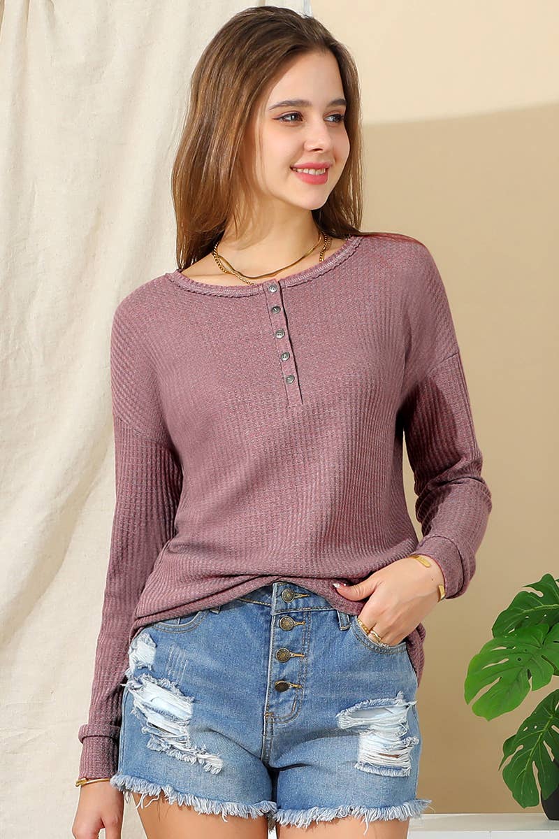 CWTTL1487_V-Neck Casual Long Sleeve Top