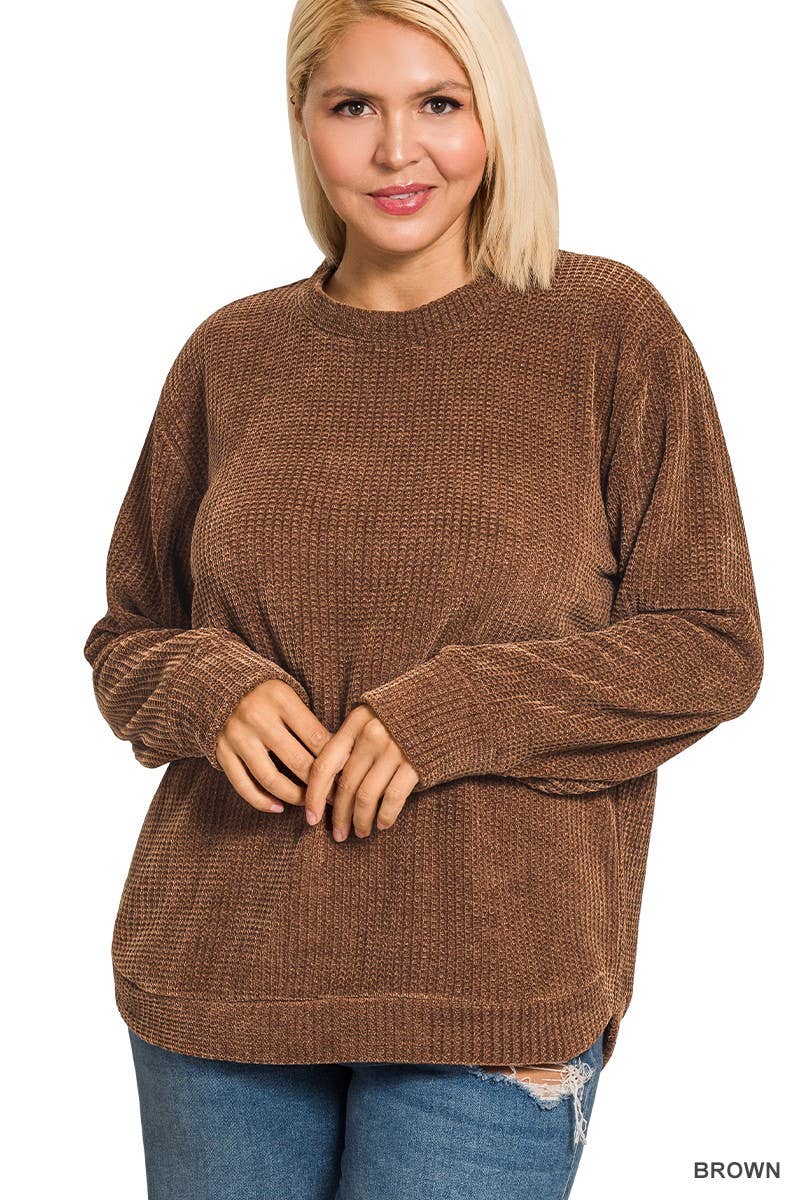 Plus Chenille Waffle Round Neck Sweater