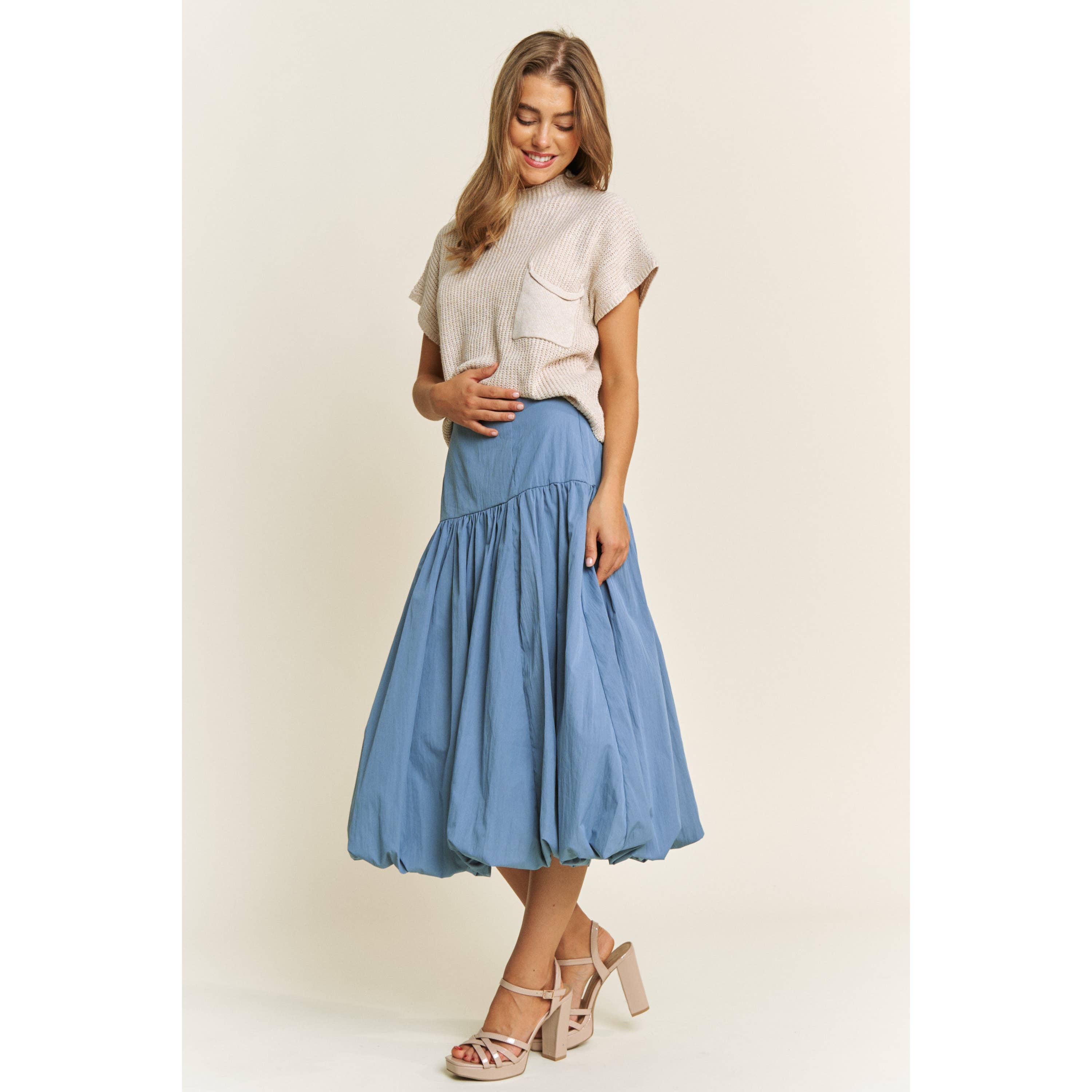 SOFT WOVEN SOLID BUBBLE BALLON MIDI SKIRT - Beige
