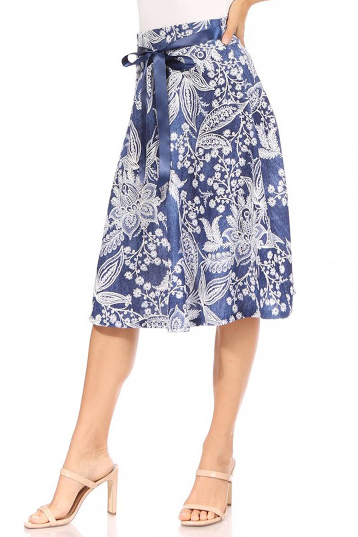 Women's Casual Floral Tie Belted Knee Length Midi Skirt
