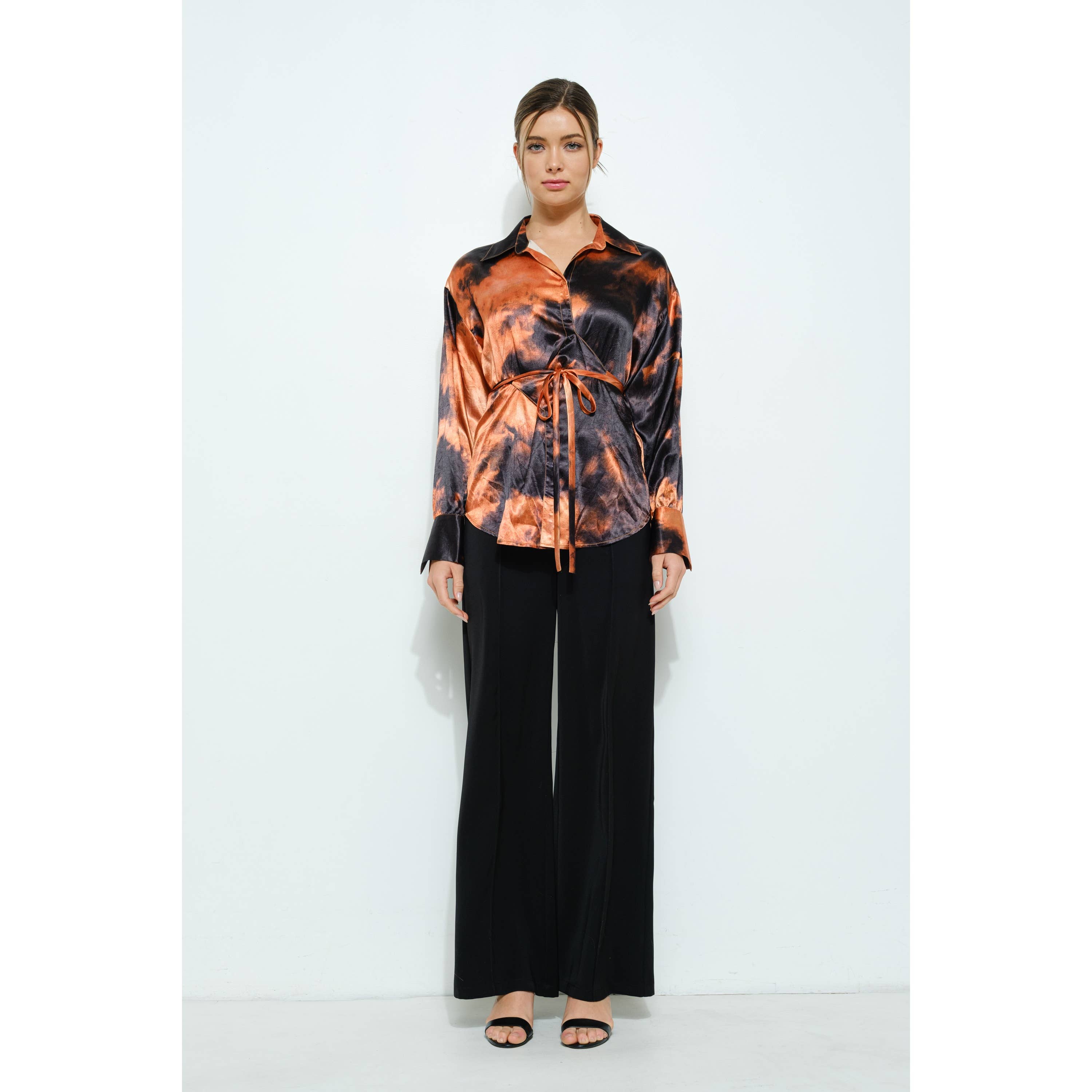 Long Sleeve Tie Dye Print Wrap Detail Blouse Top