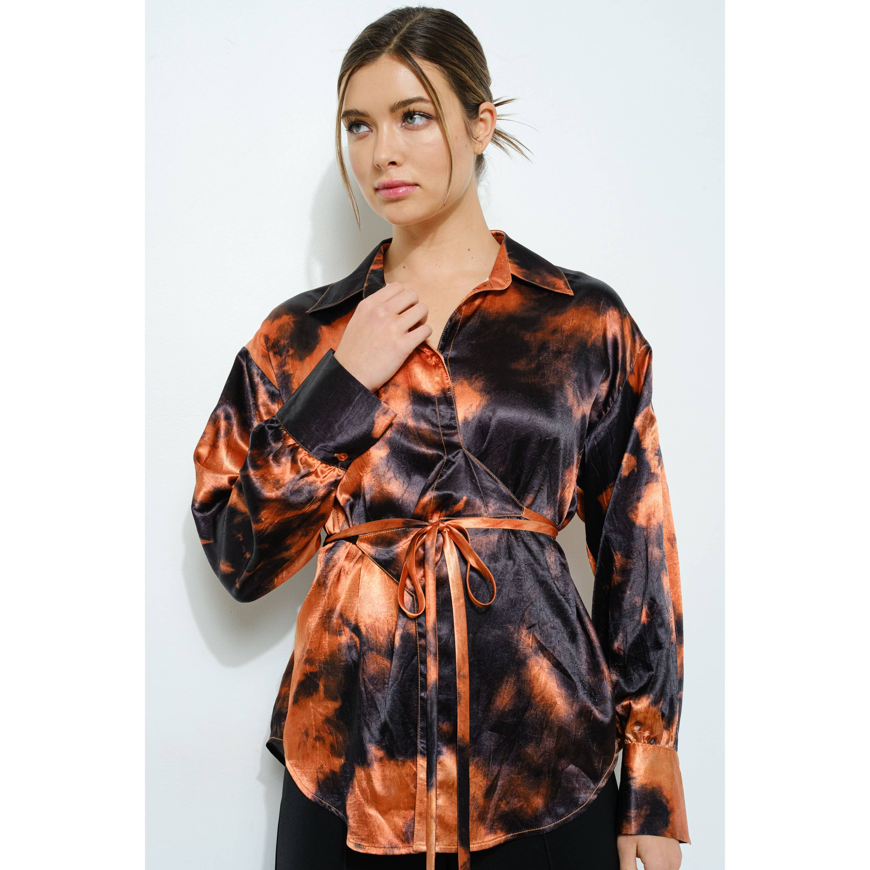 Long Sleeve Tie Dye Print Wrap Detail Blouse Top
