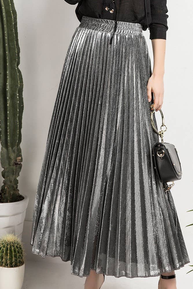Metallic Elastic waist pleated skirt