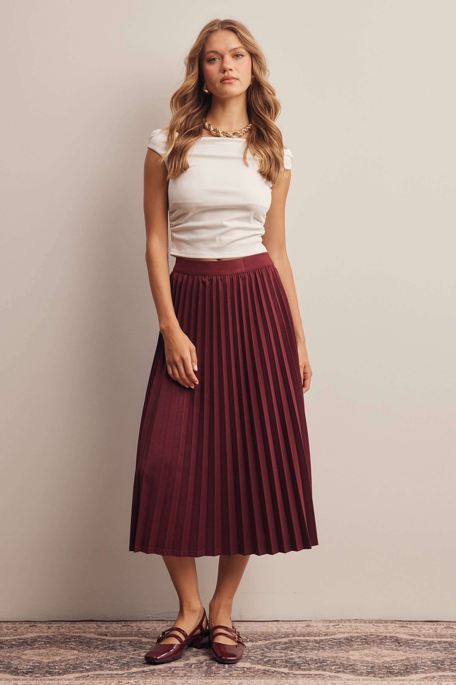 Stretch Pleated Midi Skirt FSK0027