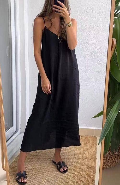 Solid colors loose rope strap maxi dress