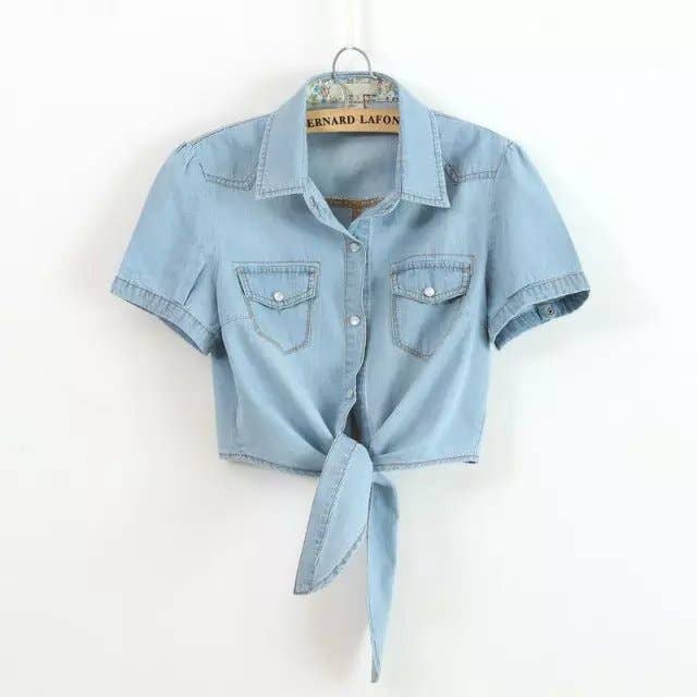 Women's 3/4 Sleeve Denim Navel Tie Shirt Cardigan Top
