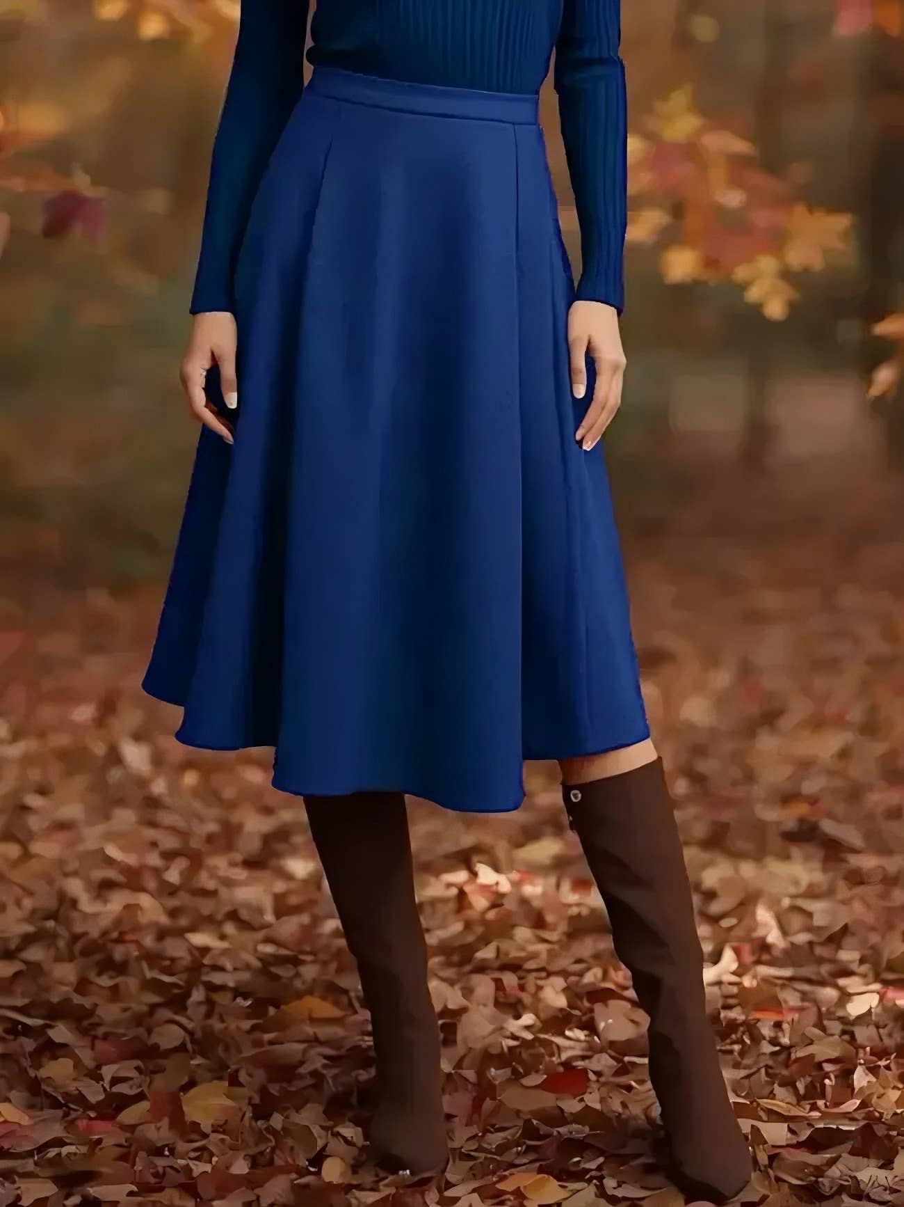 Casual simple high-waisted pleated long skirt