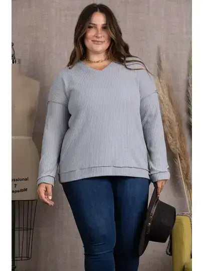 STEEL RIBBED KNIT LONG SLEEVES PLUS SIZE TOP-M5044P