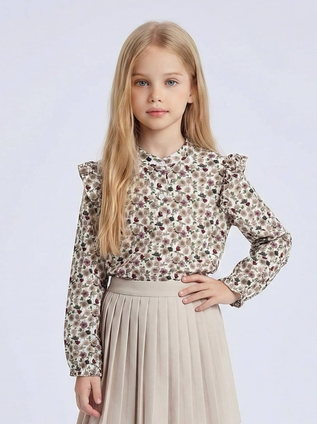 Floral long-sleeve top with ruffles for girls
