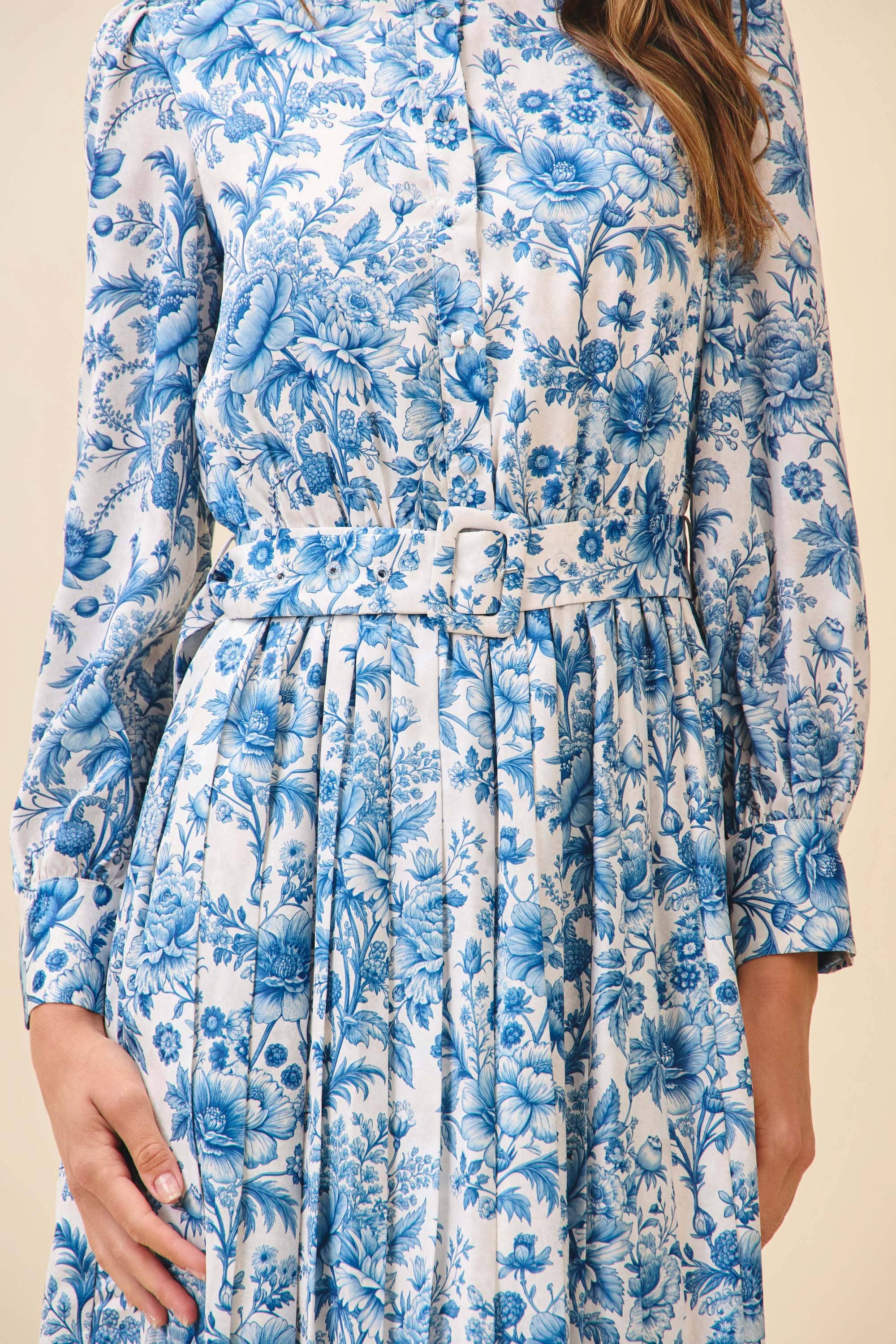 Floral Print High Ruffled Neckline Midi Dress