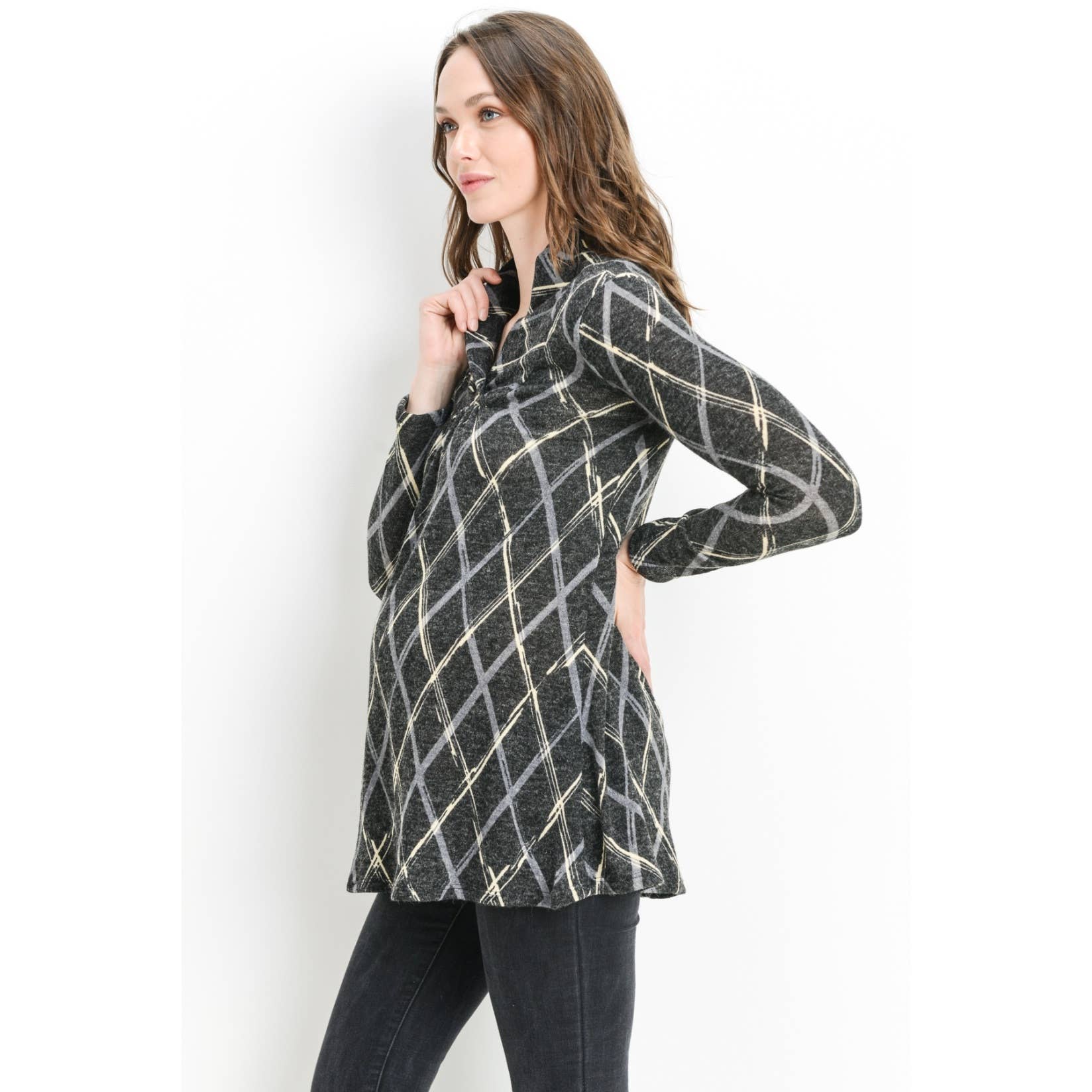 Plaid Shawl Collar Maternity Knit Tunic Sweater