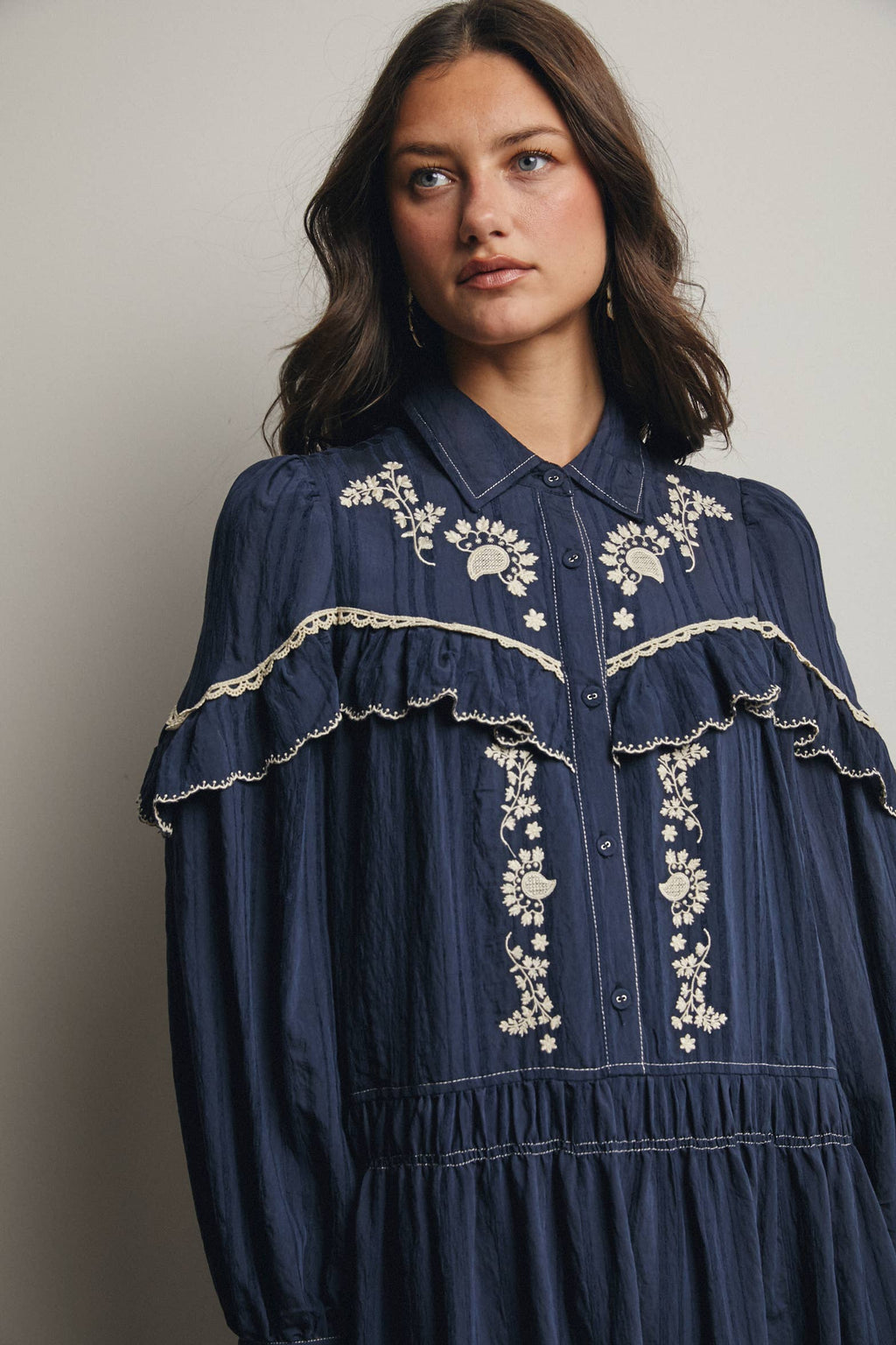 Embroidered Ruffle Trim Maxi Dress FD0018
