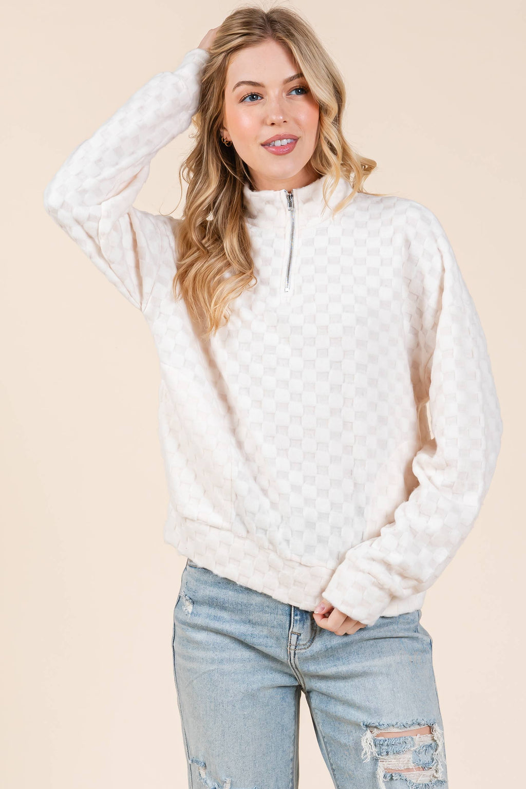 FUZZY CHECKERED 1/4 ZIP TOP