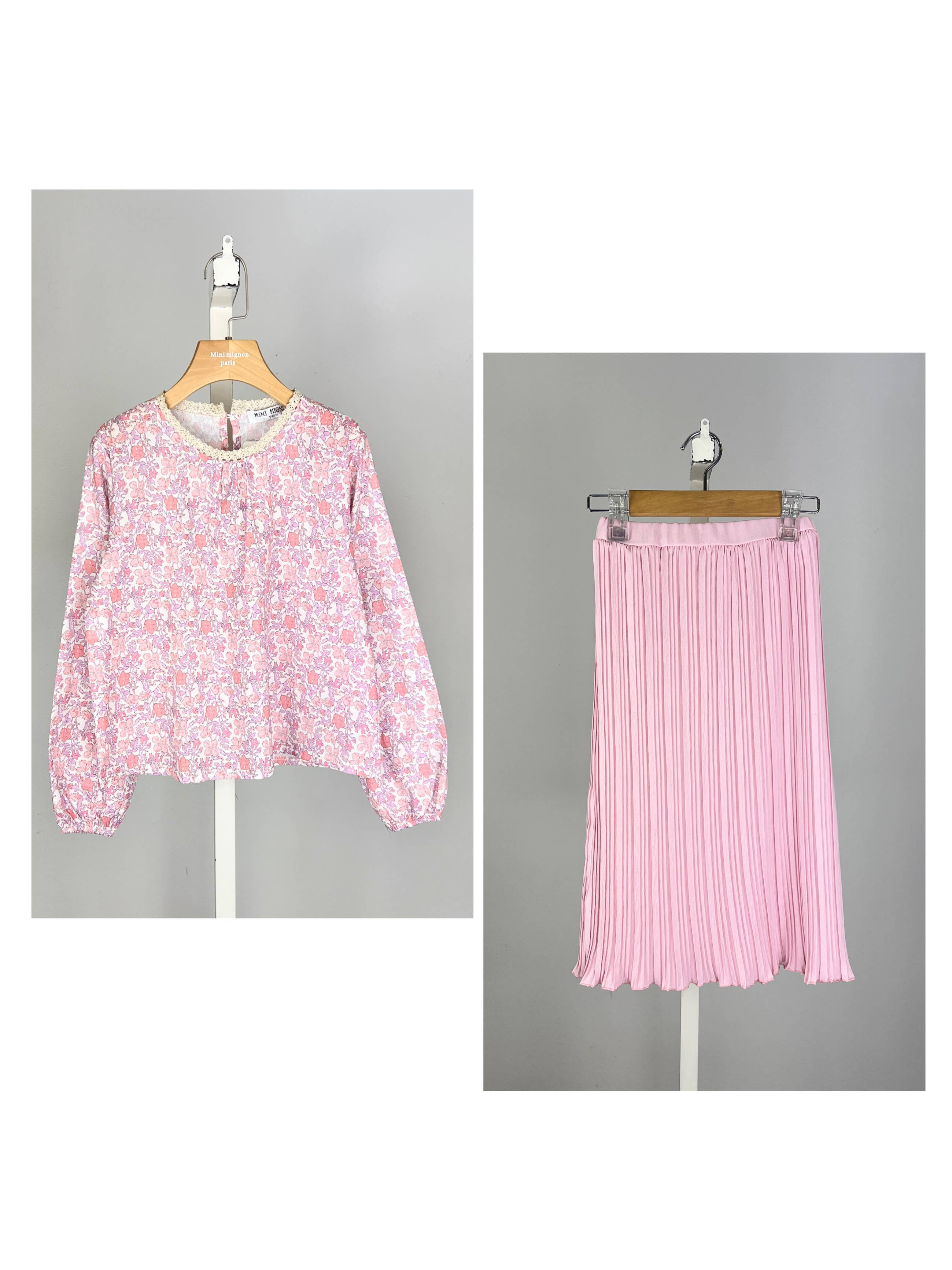 Floral cotton top and pleated skirt set for girl