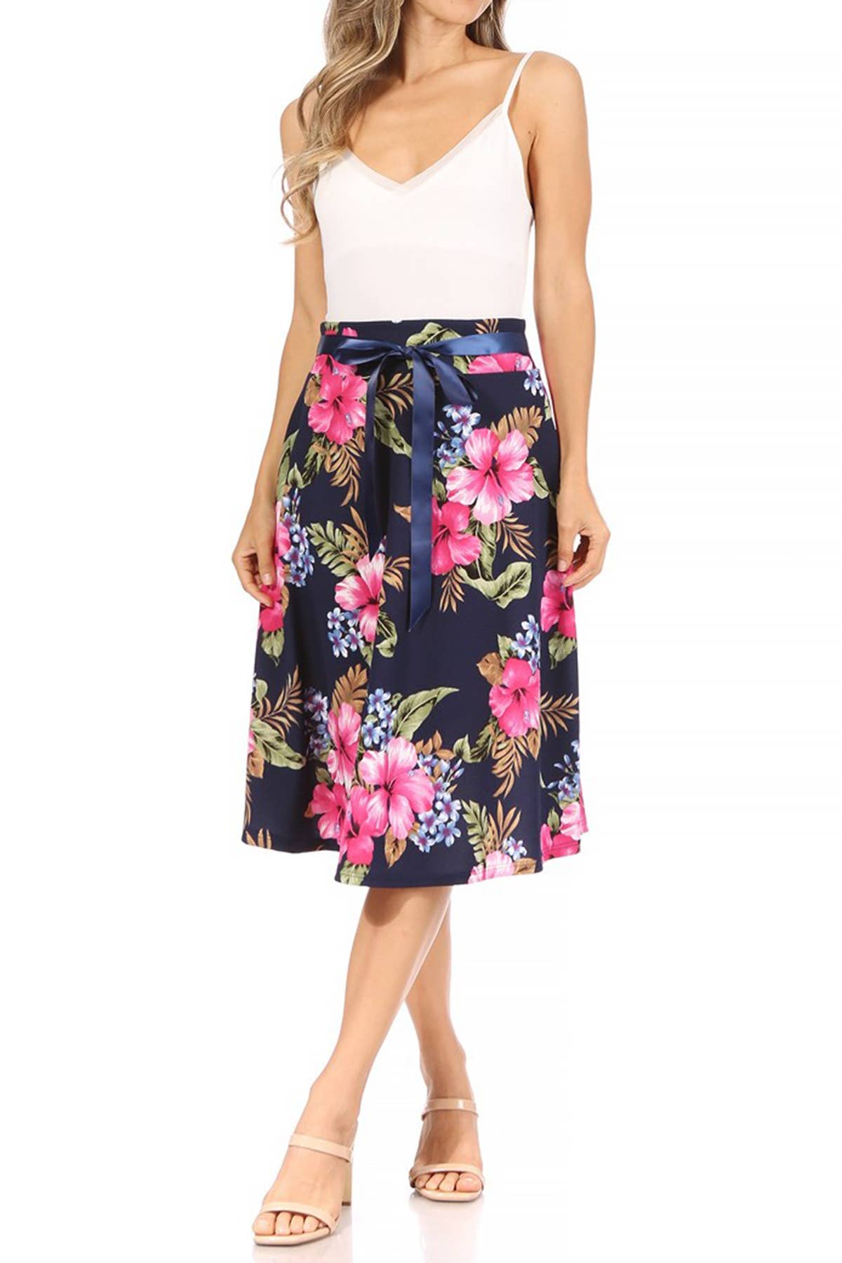 Women's Casual Floral Tie Belted Knee Length Midi Skirt
