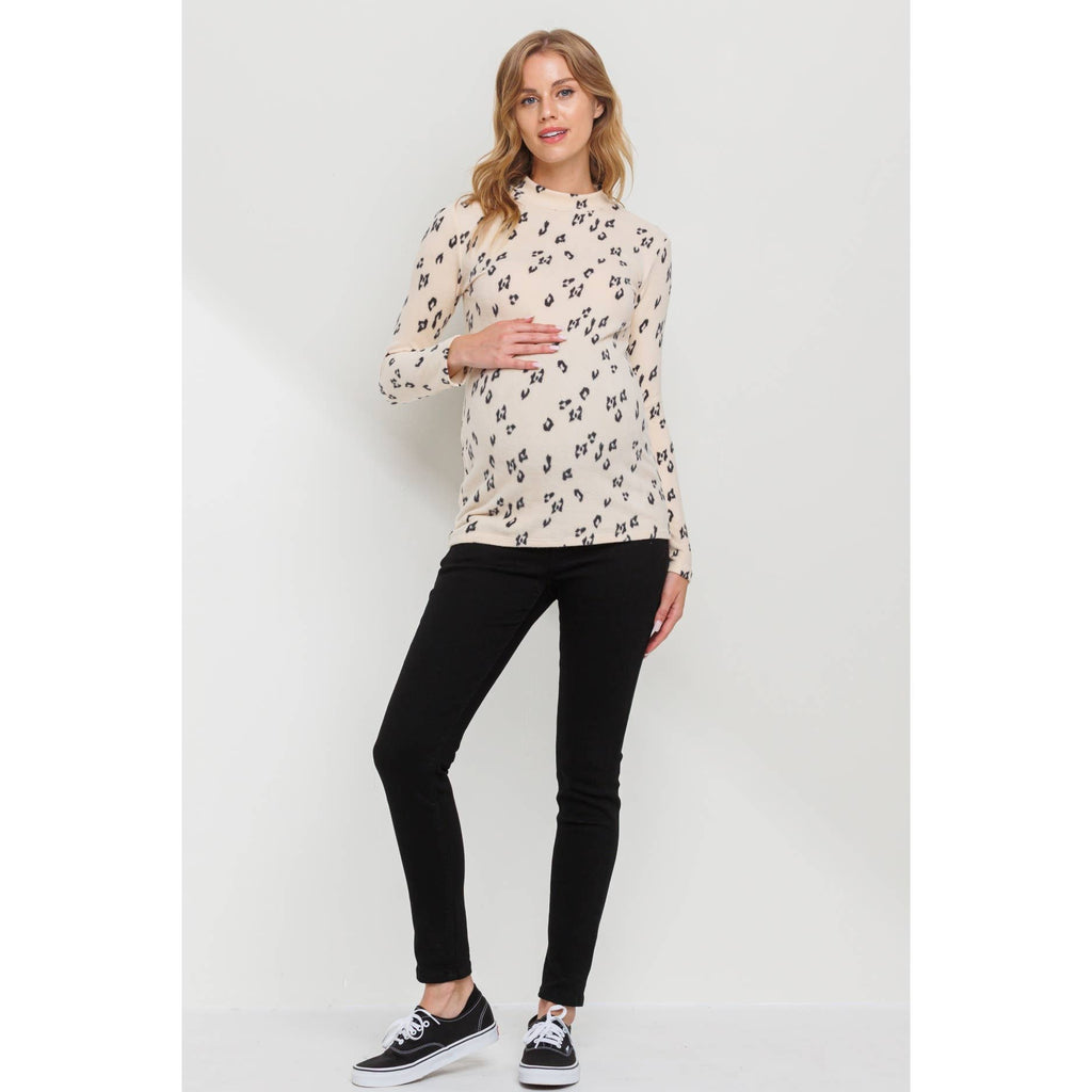 Animal Print Mock Neck Long Sleeve Maternity Top