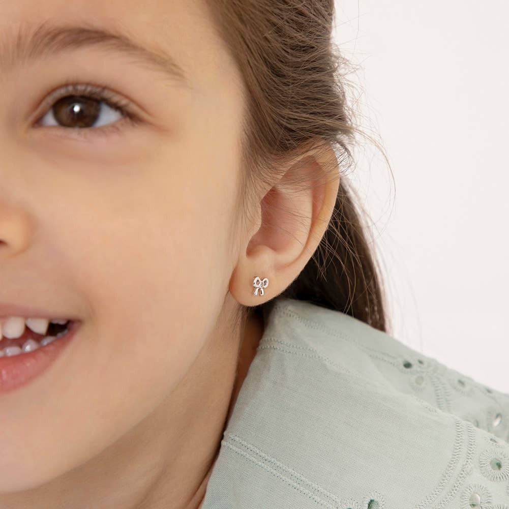 Delicate CZ Bow Baby Toddler Kids Earrings - Sterling Silver