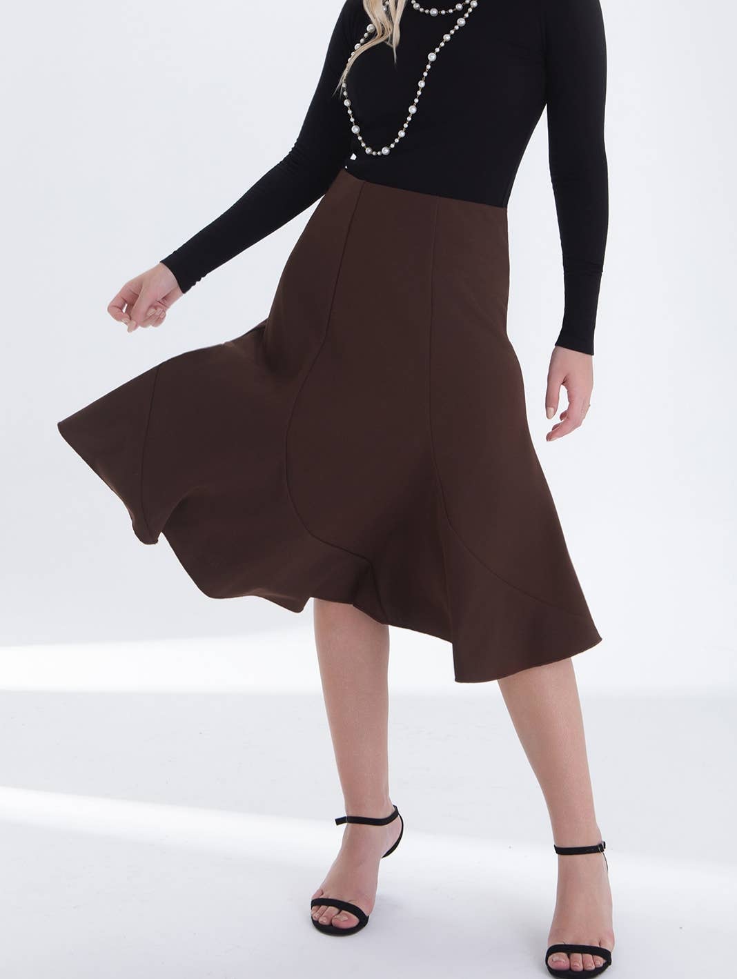 Elegant commuter office A-line midi fishtail hem skirt