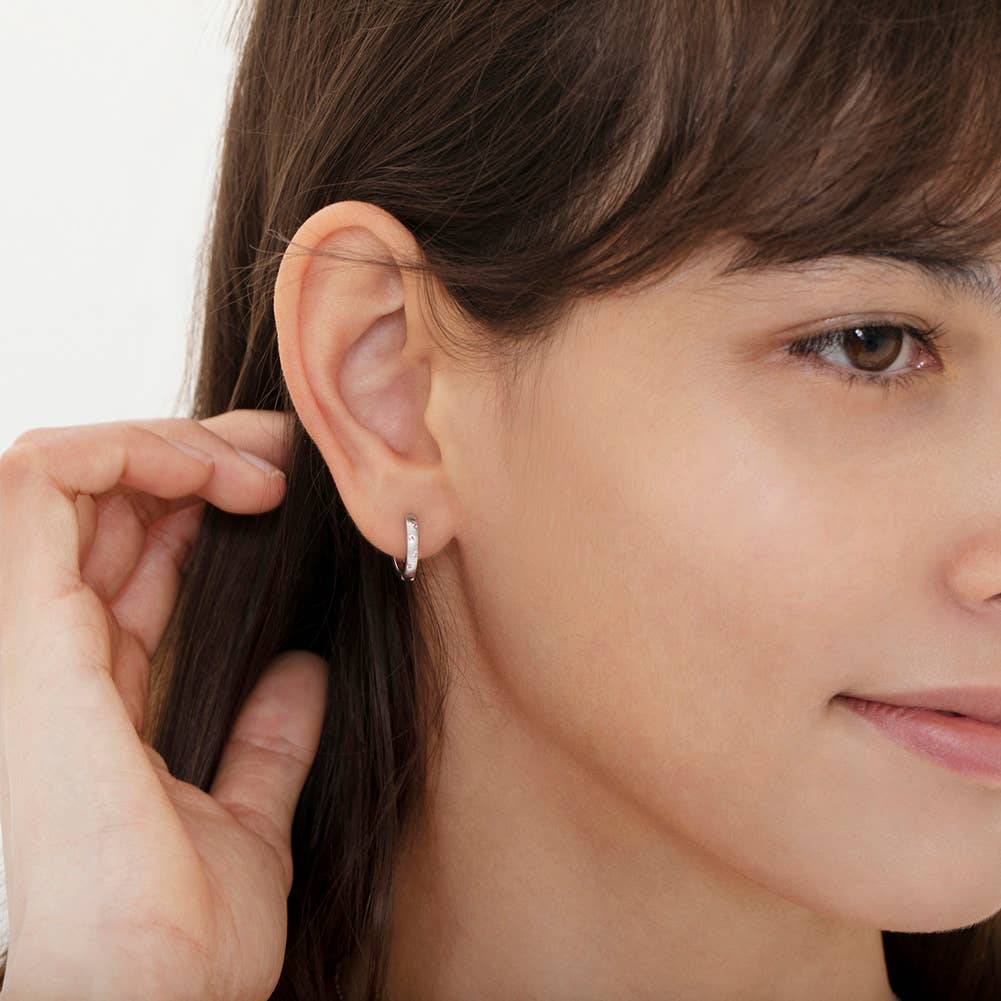 Staggered CZ Gems 9mm Girls Earrings Hoop - Sterling Silver