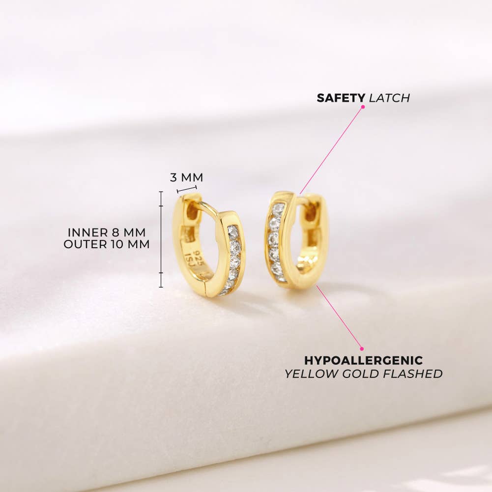 Channel CZ 8mm Earrings Hoop - Sterling Silver Gold Plated