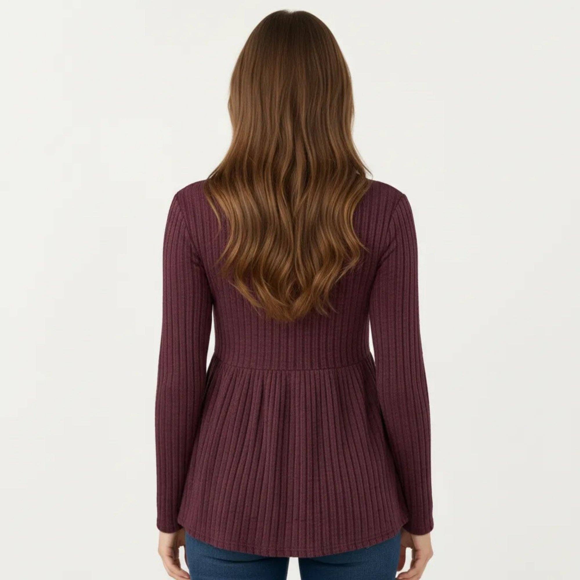 Maternity Long Sleeve Ribbed Knit Top with Crew Neck and Empire Waist