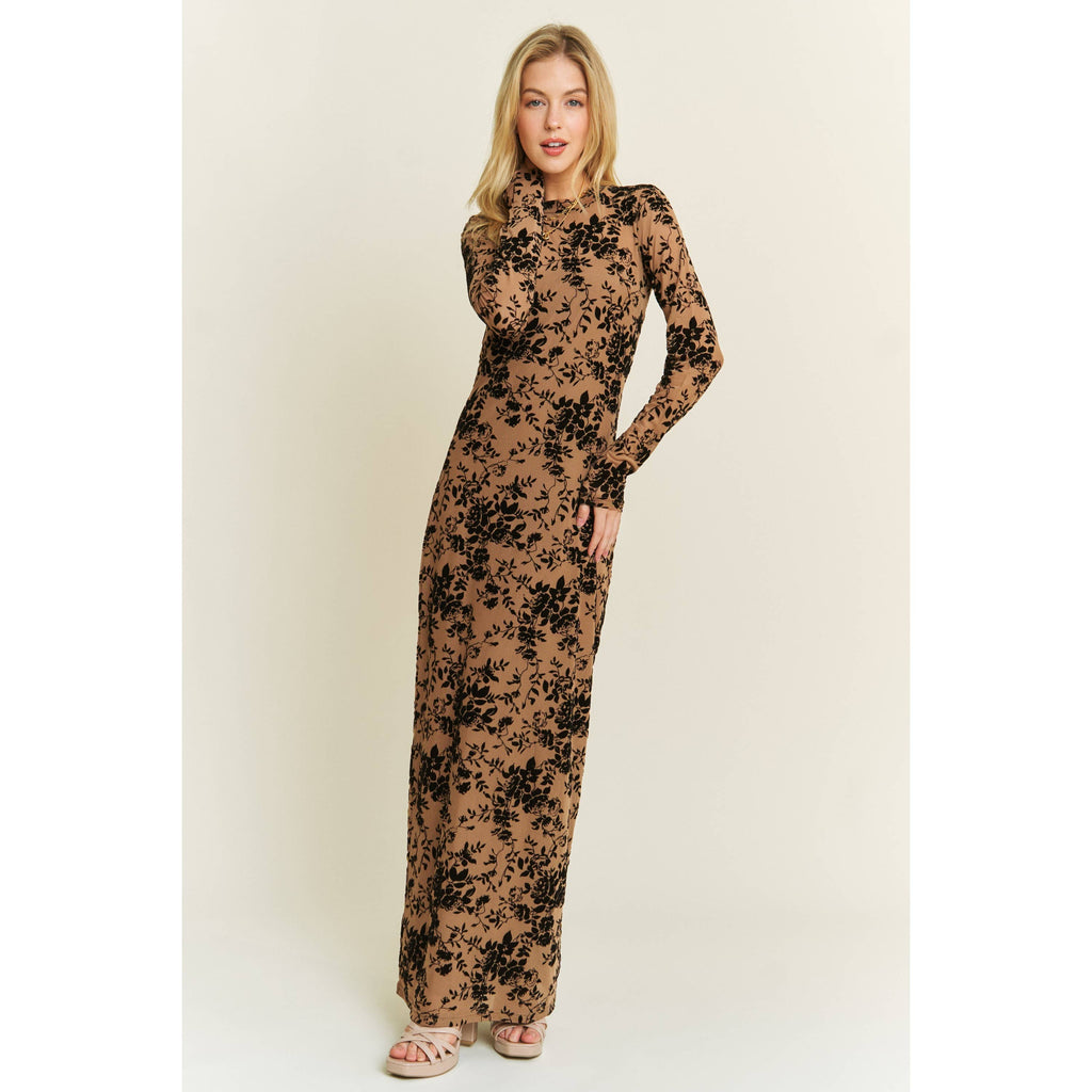 VELVET FLOCKING MAXI MESH DRESS WITH LONG SLEEVE