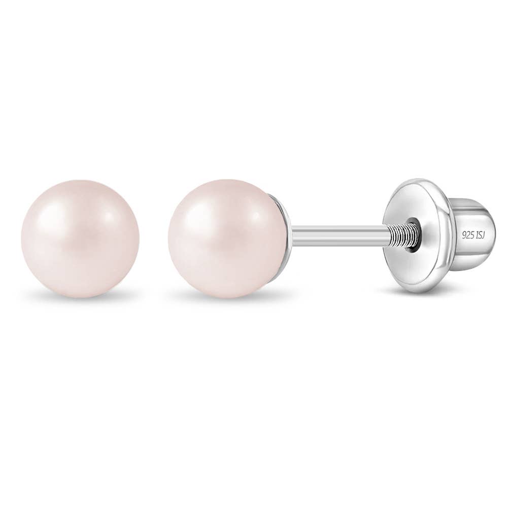 Pink Pearls 3-5mm Kids Earrings Screw Back - Sterling Silver