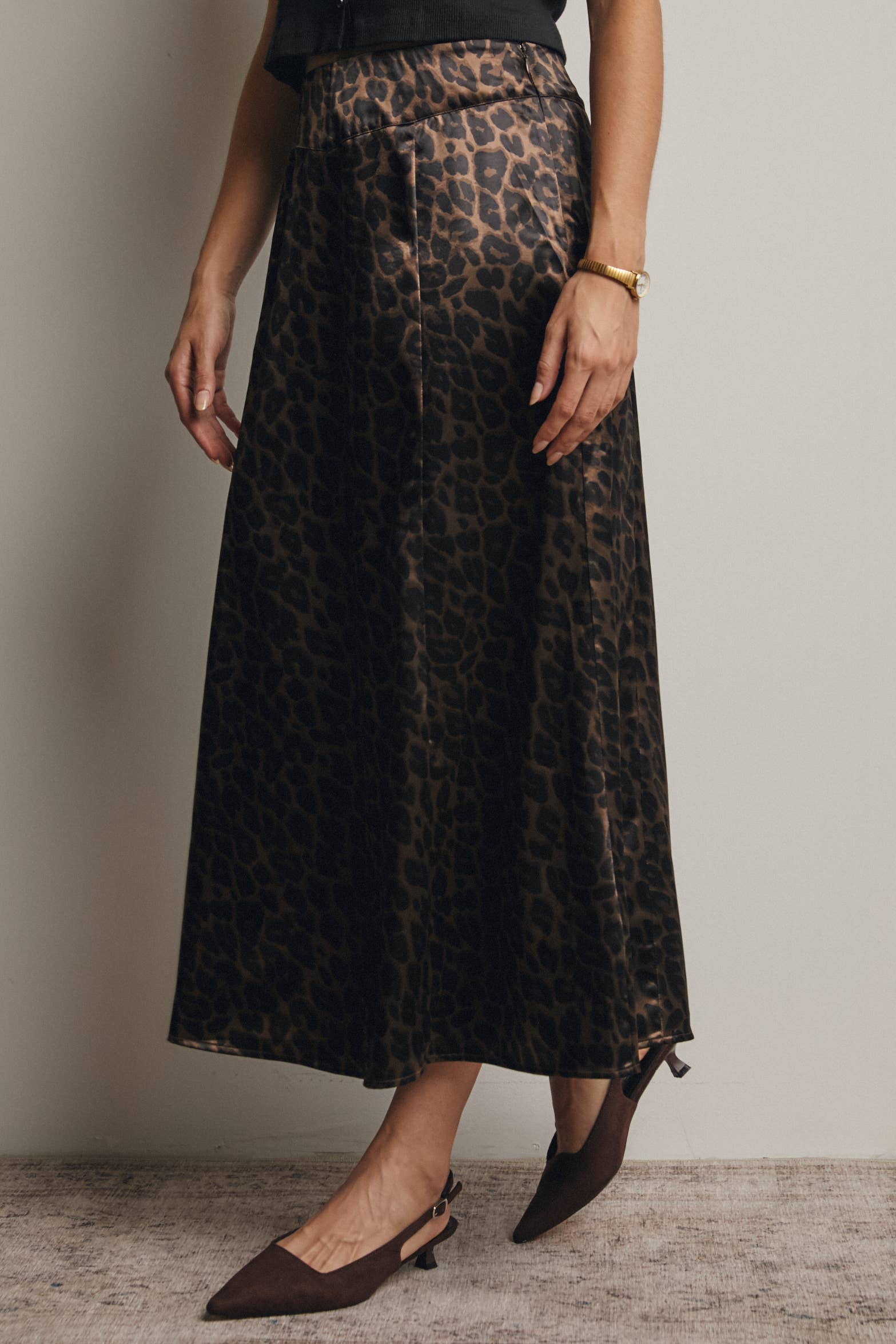Leopard Print Satin Midi Skirt