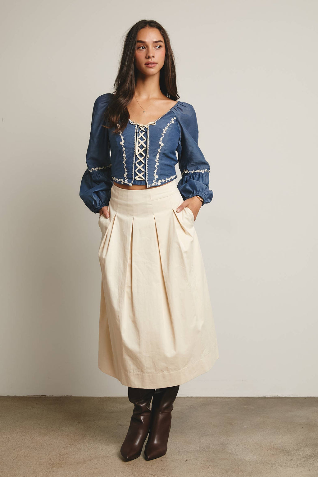 Pleated A-Line Midi Skirt