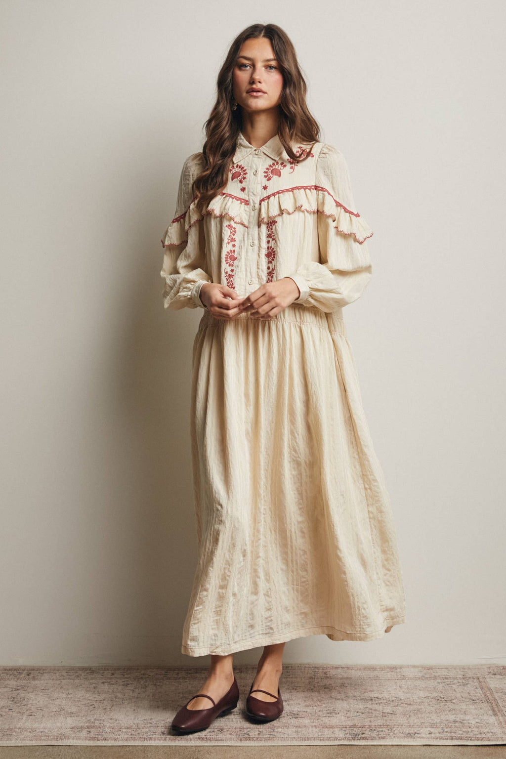 Embroidered Ruffle Trim Maxi Dress FD0018