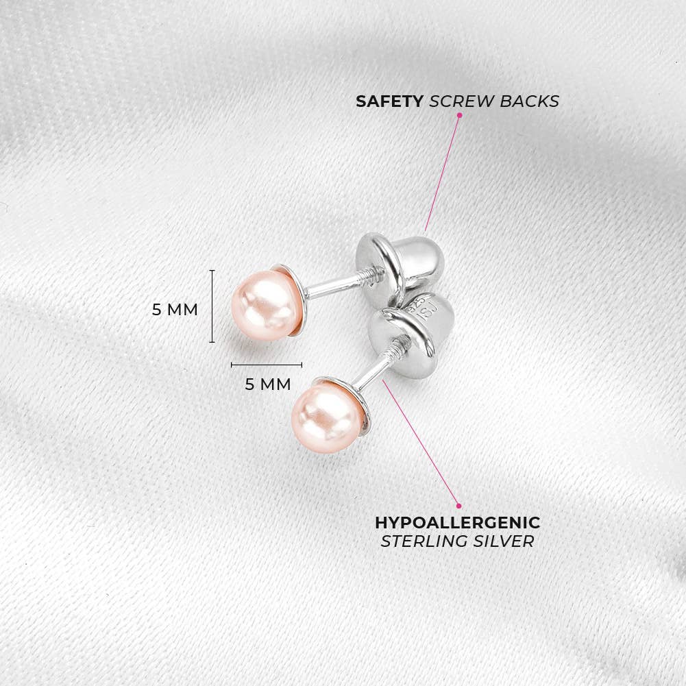 Pink Pearls 3-5mm Kids Earrings Screw Back - Sterling Silver
