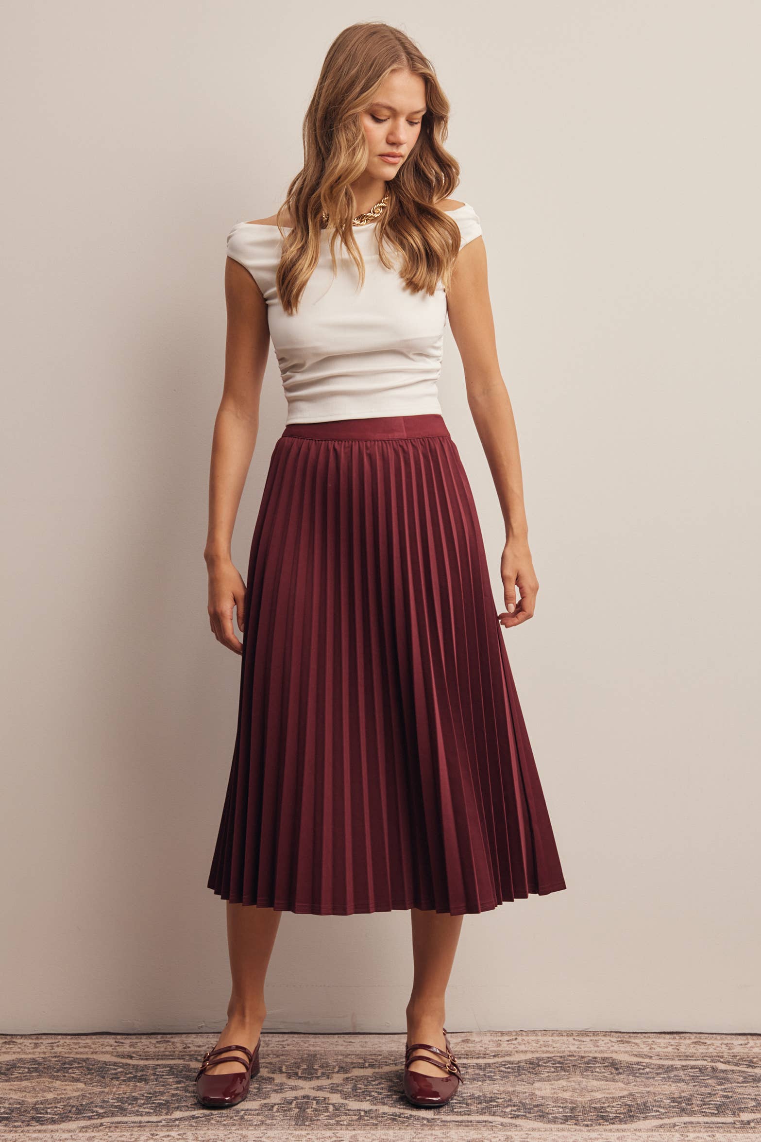 Stretch Pleated Midi Skirt FSK0027