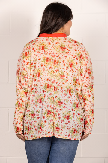 BROWN MANDARIN COLLAR FLORAL PRINT PLUS SIZE TOP T7538