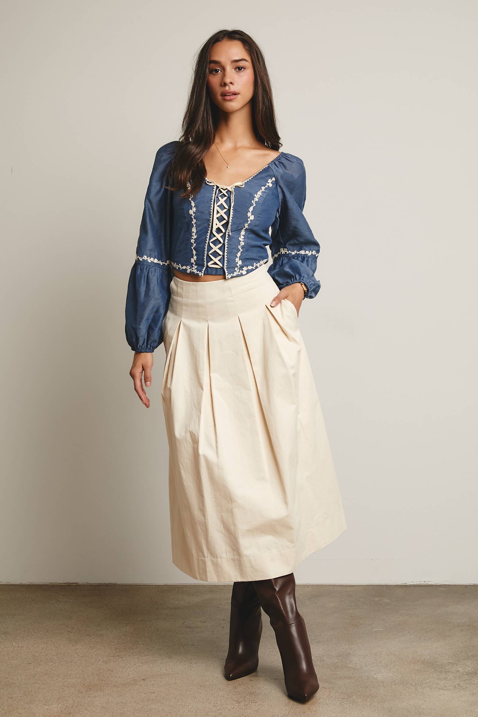 Pleated A-Line Midi Skirt