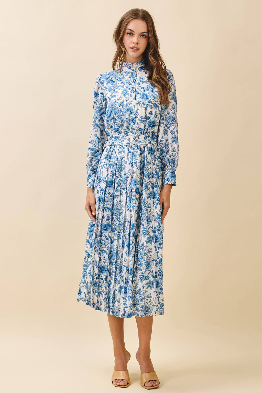 Floral Print High Ruffled Neckline Midi Dress