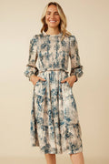 Womens Botanical Print Smocked Bodice Satin Dress