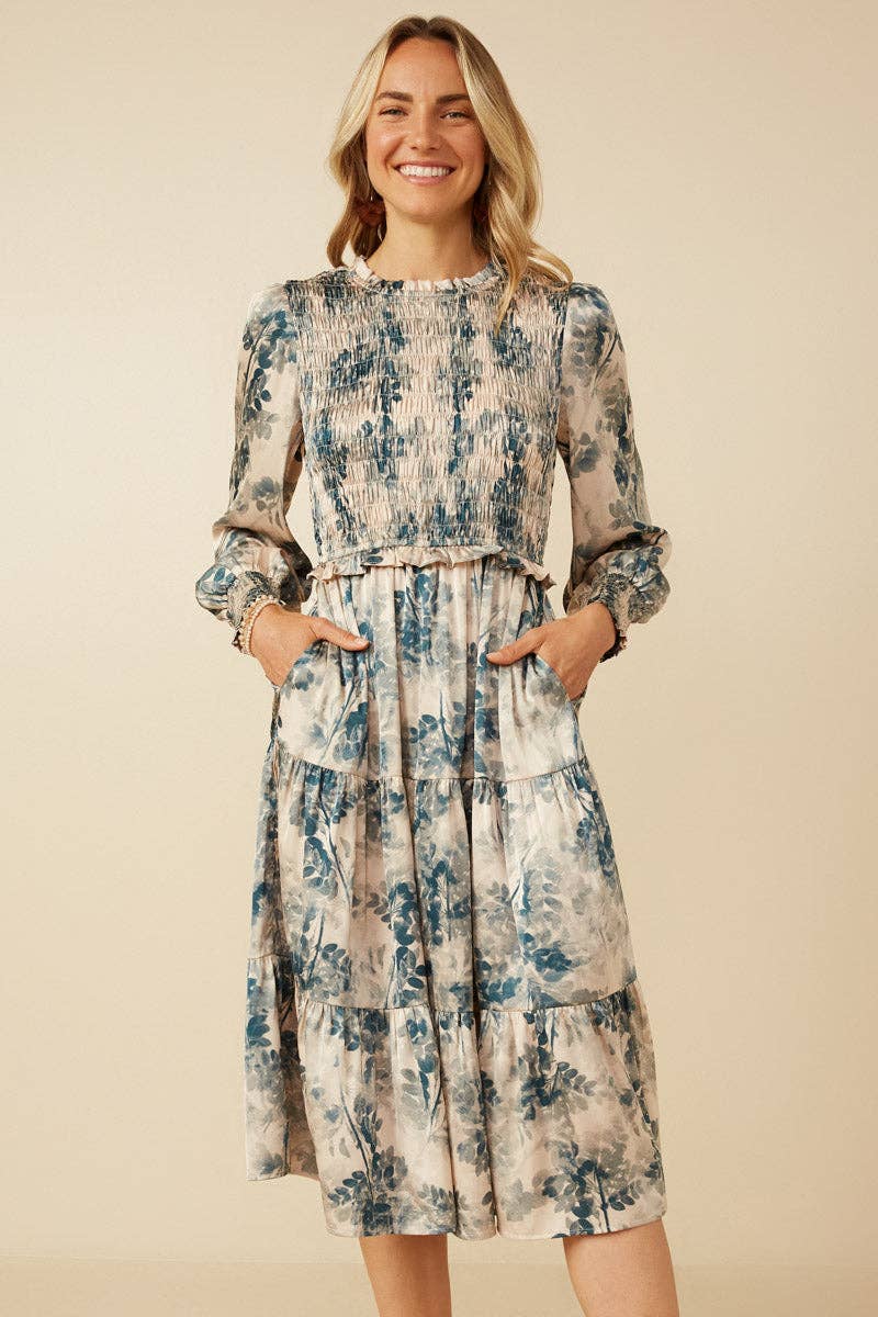 Womens Botanical Print Smocked Bodice Satin Dress